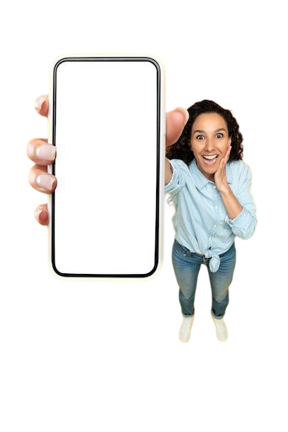 Surprised woman holding up a phone