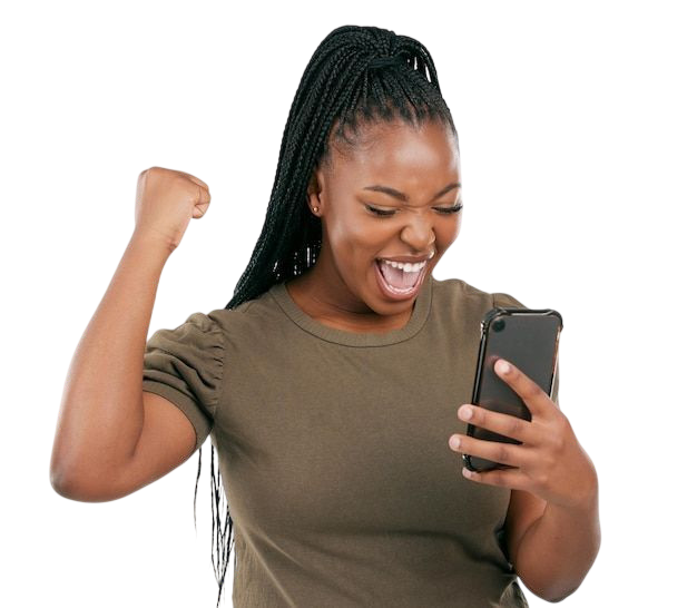 Woman celebrating while looking at her phone