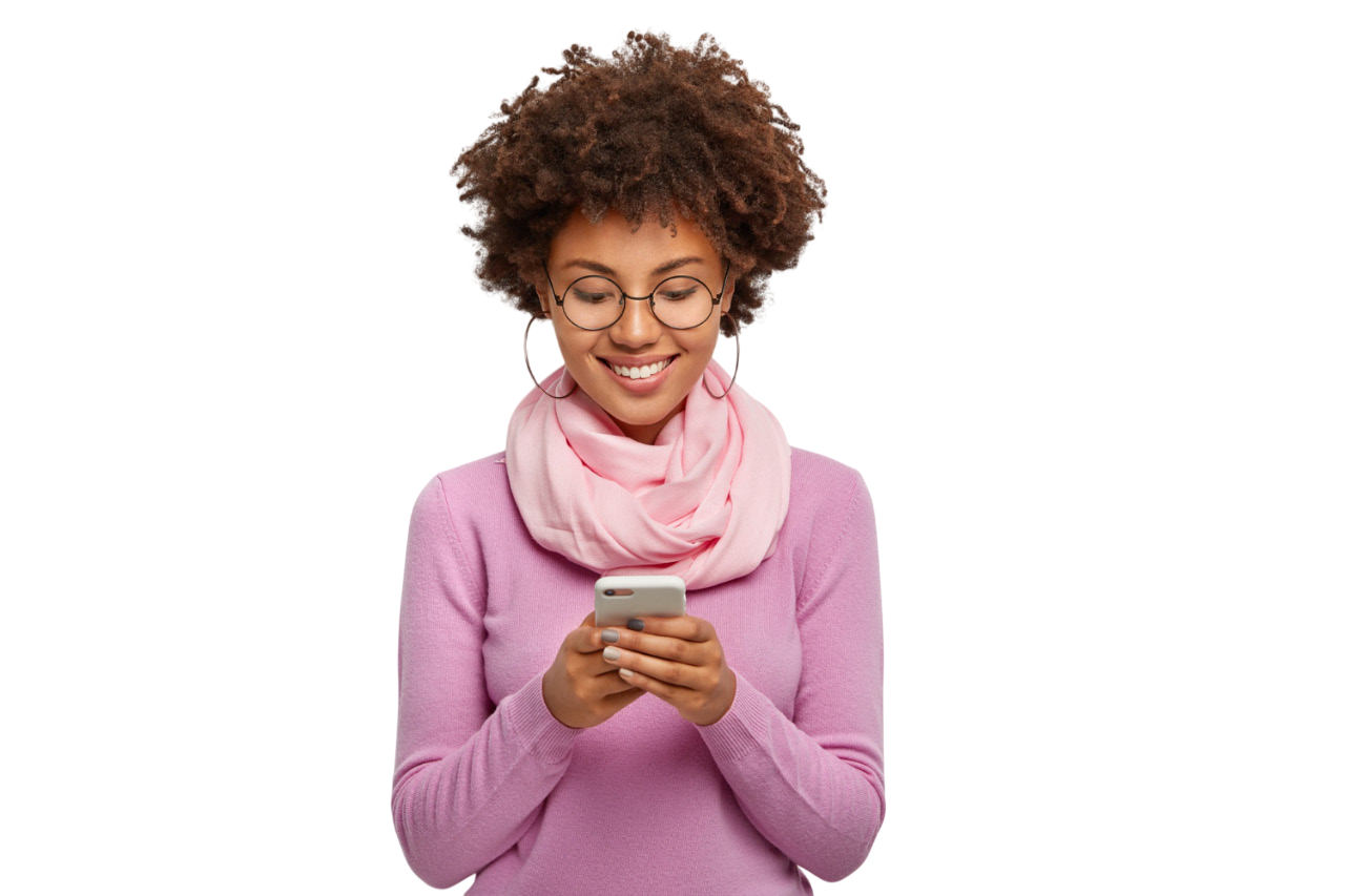 Smiling woman checking social media on her phone