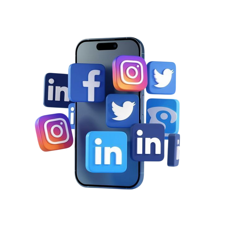Phone surrounded by social media icons