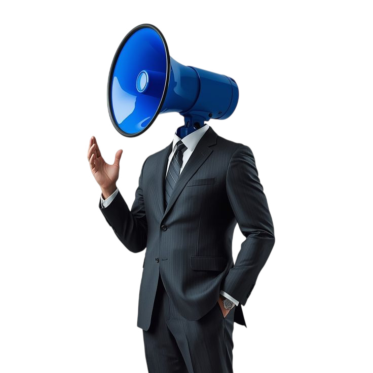 Man in a suit with a megaphone for a head